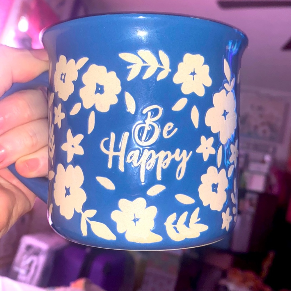 “Be Happy” White and Blue floral mug